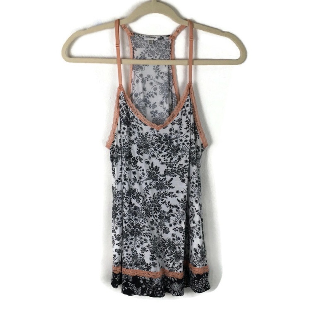 PJ Salvage Floral Print V-Neck Lace Trim Pajama Tank Top in Black/White/Orange